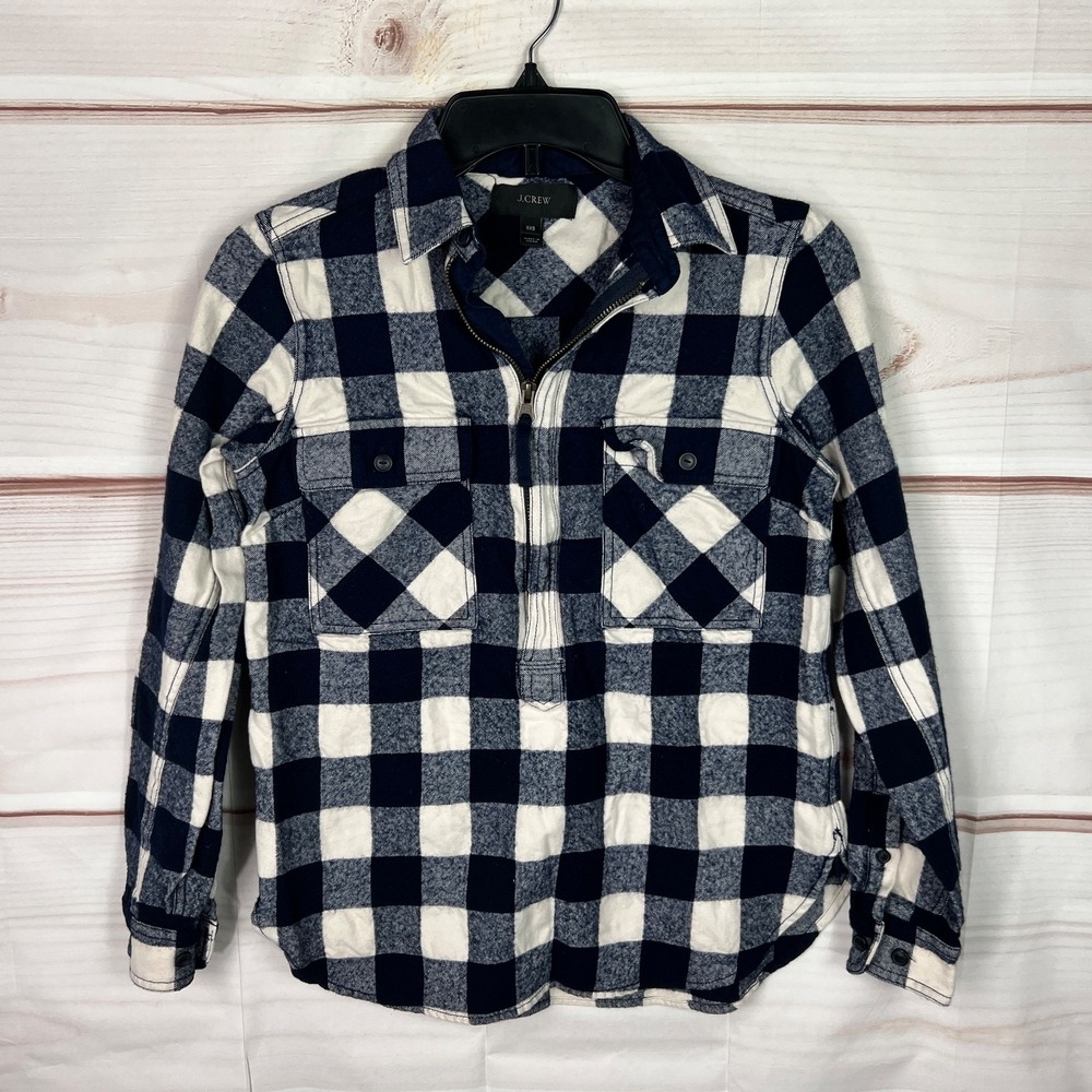J Crew Top Women XXS Blue Buffalo Check Shirt Jacket 1/2 Zip Cotton Wool Flannel